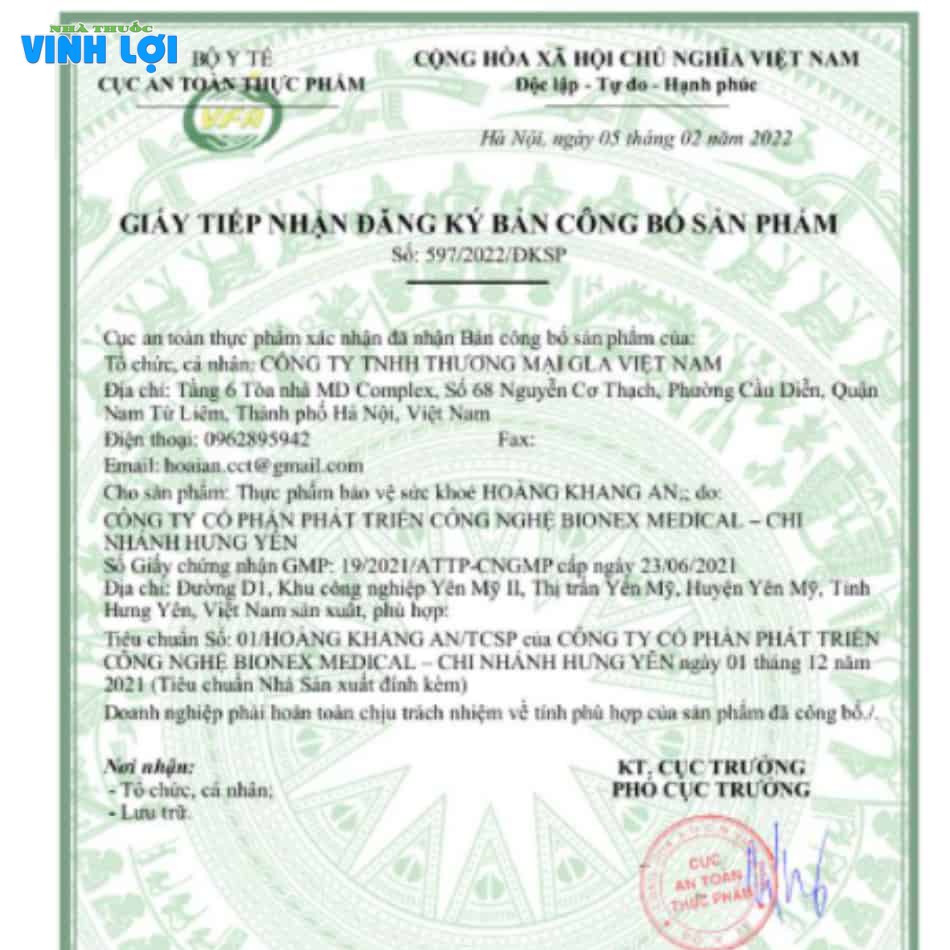 Giấy tiếp nhận bản đăng ký công bố sản phẩm Hoàng Khang An